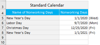 XLGantt - Setting nonworking days