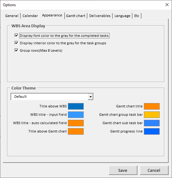 XLGantt(Excel Gantt) – Setting WBS Area and Color Theme
